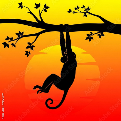 Monkey Silhouette Hanging from Tree Branch.