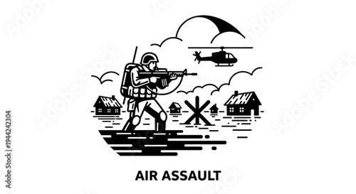 Air Assault Soldier with Helicopter and Parachute in Combat Scene