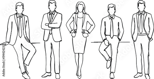 Business professionals line art set, corporate office team standing characters illustration, leadership management concept vector design