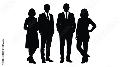 Silhouette of four business professionals standing together in formal attire against a white background