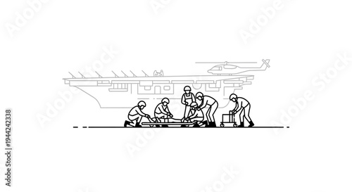 Aircraft Carrier Deck Crew Working with Helicopter and Supplies