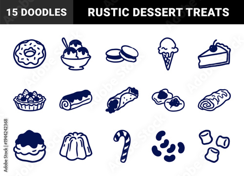 Hand-drawn sweet desserts and confectionery elements for playful branding. Naive marker sketch illustrations featuring bakery and candy shop treats.