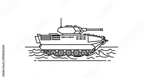 Amphibious Tank Crossing Water - Line Art Illustration