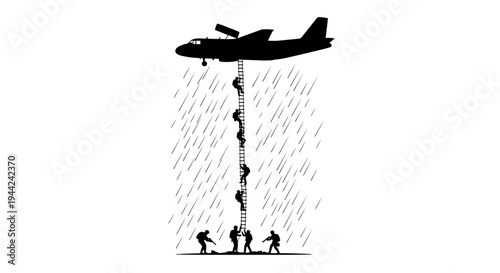 Airplane dropping people on ladders during heavy rain to rescue stranded individuals