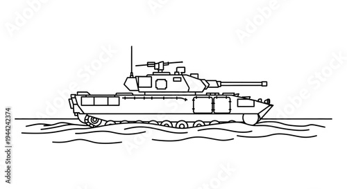 Amphibious Tank Crossing Water, Military Vehicle Illustration