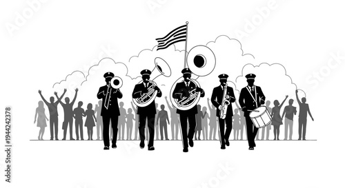 American Marching Band with Crowd and Flag
