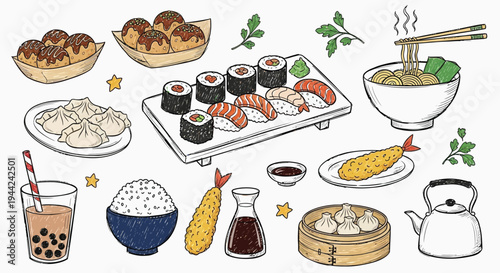 A vibrant collection of hand-drawn Japanese and Asian cuisine, featuring sushi, ramen, takoyaki, dumplings, tempura, and bubble tea.