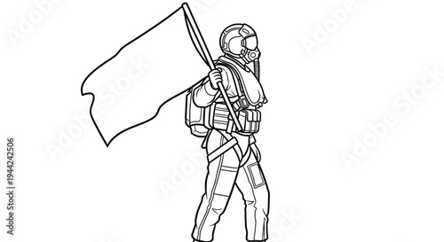 Astronaut holding a blank flag, symbolizing exploration, discovery, and new frontiers