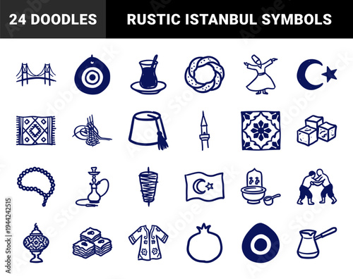 Traditional Turkish culture and heritage hand-drawn doodles. Naive marker sketch illustrations featuring Istanbul landmarks, folk art, and culinary symbols.