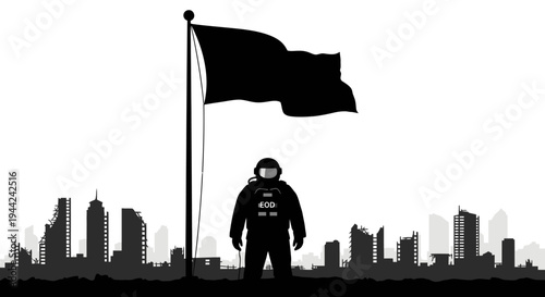 Astronaut Standing Before Black Flag and Ruined Cityscape Silhouette