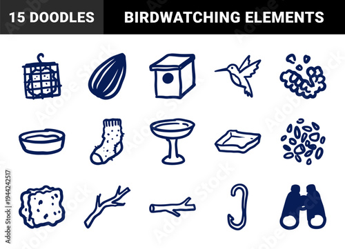Hand-drawn backyard birding and wildlife feeding elements in a rustic marker doodle style. Naive sketch illustrations of birdhouses, feeders, and seeds for organic branding.