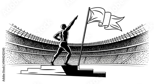 Athlete Reaches Flag on Podium in Stadium, Celebrating Victory