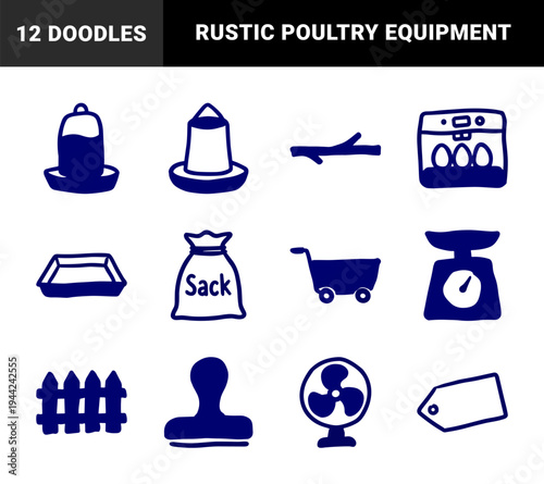 Farm and poultry equipment elements for rustic brand identity. Naive marker sketch illustrations featuring chicken coop and livestock farming concepts.