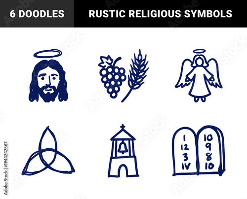 Hand-drawn Christian religious symbols in a naive marker sketch style. Rustic doodle illustrations featuring Jesus, angel, eucharist, and commandments.