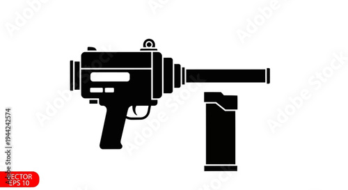 Black silhouette of a submachine gun with magazine isolated on white background, vector illustration