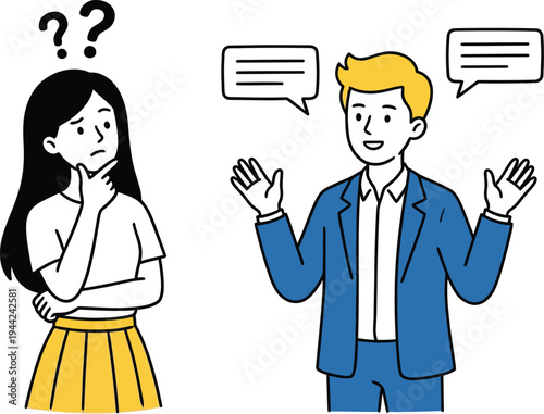 Confused woman and explaining man in business casual, vector illustration, flat design