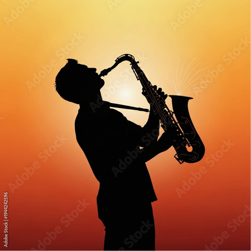 Man Playing Saxophone Silhouette at Sunset.