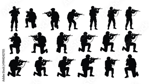 Detailed analysis of silhouette image featuring multiple human figures in various poses holding firearms