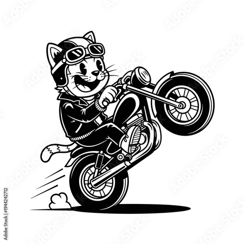 Retro Cat Character Riding a Motorcycle Wheelie.
