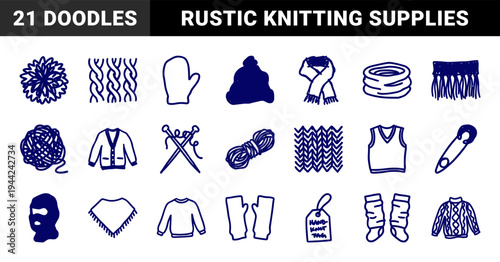 Hand-drawn knitting and winter clothing elements for cozy brand identity. Naive marker sketch illustrations featuring wool sweater and yarn concepts.