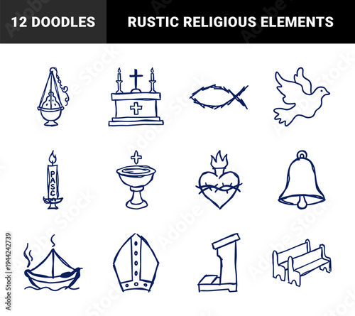 Hand-drawn Christian religious symbols and liturgical elements for church branding. Rustic naive marker sketch illustrations in deep blue.