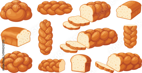 Braided Bread Loaf and Sliced Bread Collection Fresh Bakery Pastry Products Cartoon Food Vector Illustration Set