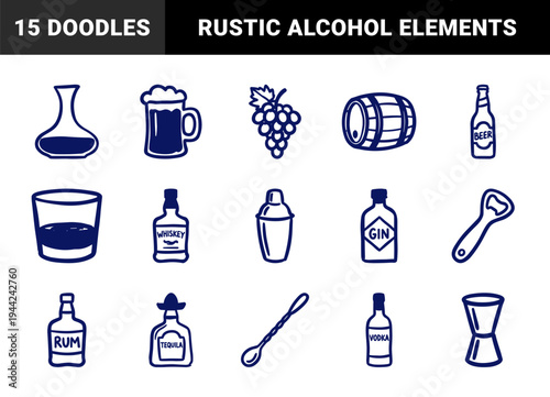 Hand-drawn alcohol and barware elements for organic brand identity. Rustic, naive marker sketch illustrations featuring cocktail and spirits concepts.