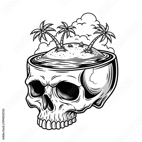 Skull with Tropical Island Brain Black and White Illustration.