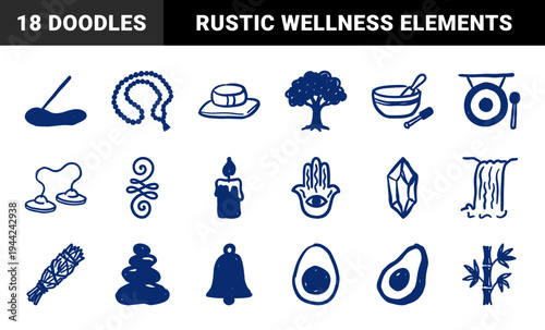 Zen meditation and mindfulness spiritual elements in a naive marker sketch style. Rustic hand-drawn holistic wellness and yoga branding assets.