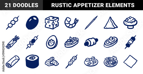 Hand-drawn appetizer and snack elements for rustic restaurant branding. Naive marker sketch illustrations featuring tapas, skewers, and finger foods.