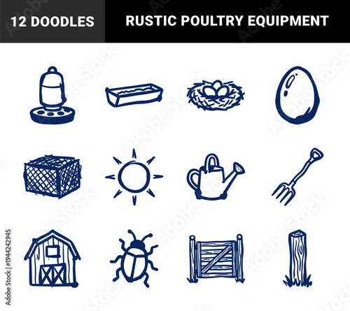 Hand-drawn rustic farm and poultry raising elements for organic brand identity. Naive marker sketch illustrations featuring backyard chicken coop concepts.