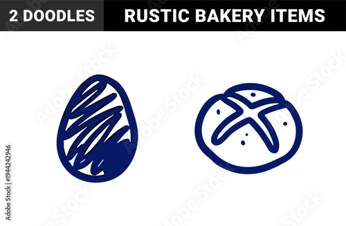 Hand-drawn rustic bread and egg doodle for organic bakery branding. Naive marker sketch illustration featuring farm to table breakfast concepts.