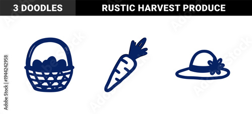 Rustic hand-drawn gardening and harvest elements for organic branding. Naive marker sketch illustrations featuring carrot, vegetable basket, and sun hat.