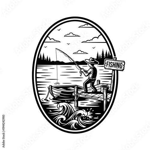 Man fishing from a wooden dock with a boat nearby, in an oval frame.