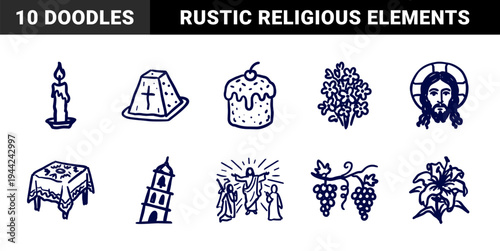 Hand-drawn Orthodox Easter elements and Christian symbols. Rustic naive marker sketch illustrations featuring traditional holiday bread, eggs, and religious icons.