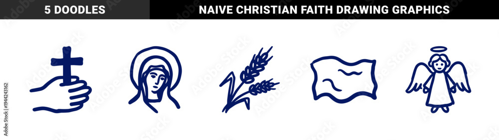 Naklejka premium Christian religious symbols and spiritual elements in naive marker sketch style. Rustic hand-drawn theology doodles for organic faith branding.