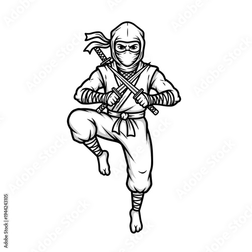 Dynamic Ninja Warrior with Dual Daggers in Action Pose.