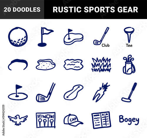 Hand-drawn golf equipment and course elements for athletic branding. Rustic naive marker sketch illustrations featuring tournament and recreation concepts.
