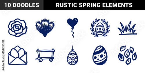 Hand-drawn Easter and spring garden elements with rustic naive marker aesthetic. Clumsy doodle illustrations of decorated eggs, floral blooms, and farm cart.