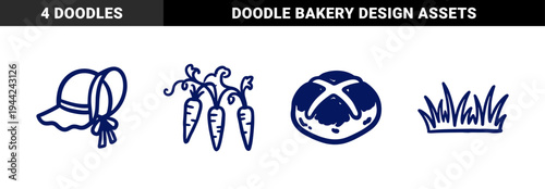 Hand-drawn rustic garden and bakery elements for organic brand identity. Naive marker sketch featuring carrots, sun hat, bread, and grass.