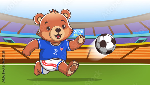 Vector cartoon illustration of cute happy and chubby teddy bear soccer player in sports uniform, running and kicking ball. Bright toon stadium. Football, popular global sport. Cuddly animal and game