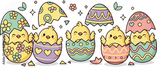Cute Easter Chicks Hatching from Decorated Eggs Cartoon Spring Holiday Characters Vector Illustration