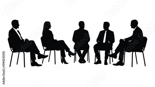 A group of business professionals sitting in a circle for a meeting or discussion in a conference room with a white background