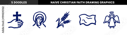 Christian religious symbols and spiritual elements in naive marker sketch style. Rustic hand-drawn theology doodles for organic faith branding.