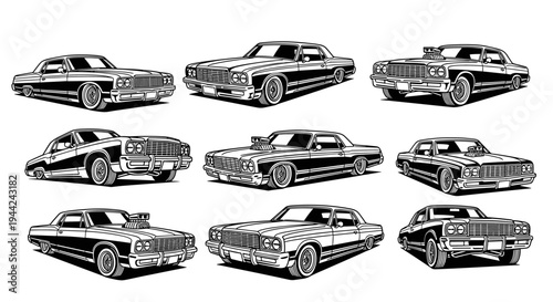 Collection of Vintage Lowrider Cars in Black and White Illustration.
