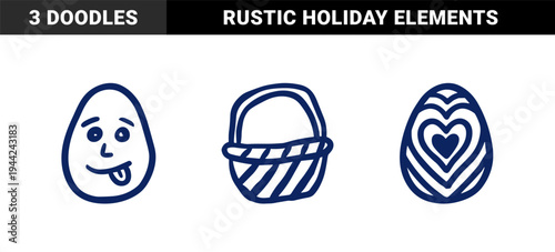 Easter holiday elements for organic brand identity. Rustic, naive marker sketch illustrations featuring hand-drawn eggs and a wicker basket.