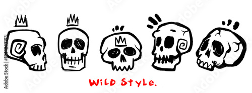 Set of 5 Hand Drawn Skull Illustrations in Clean Black Line Art for Minimalist Urban Street Art Branding.