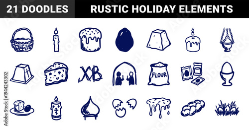 Hand-drawn Orthodox Easter elements in a rustic blue ink doodle style. Naive marker sketch illustrations featuring Paska bread, eggs, and church symbols.