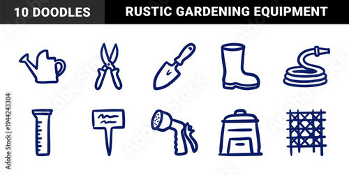 Hand-drawn gardening tools and horticulture equipment for organic brand identity. Rustic, naive marker sketch illustrations featuring backyard farming concepts.