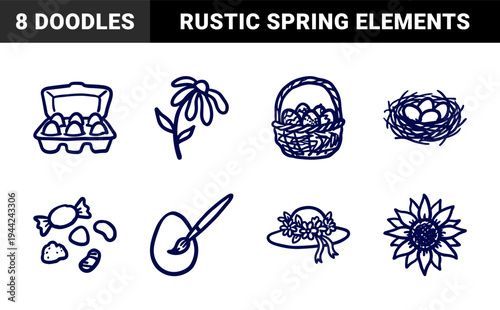 Hand-drawn Easter and springtime garden elements for rustic brand identity. Naive navy blue marker sketch illustrations featuring seasonal holiday and botanical concepts.